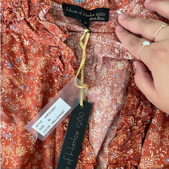 House Of Harlow 1960 Wallis Rust Peasant Western Style Smocked Dress Size XS - Picture 5 of 12